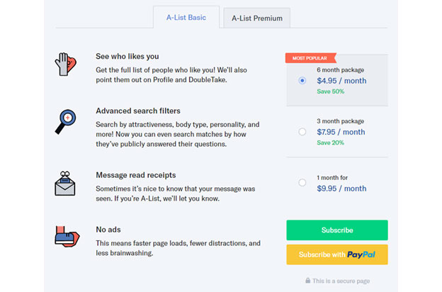 A-List or subscription for OkCupid.